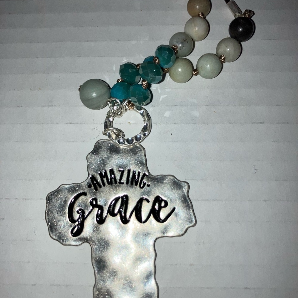 Amazing Grace CrossTeal and Cream Beaded and silver chain Long Necklace